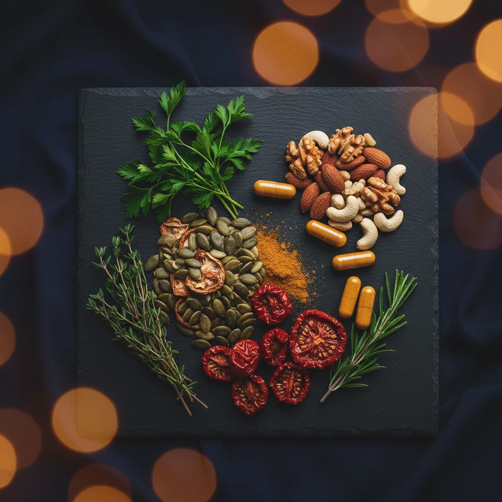 Flat lay van pompoenpitten, tomaten, noten, kruiden en glazen capsules op leisteenvlak in marineblauw en aardetinten