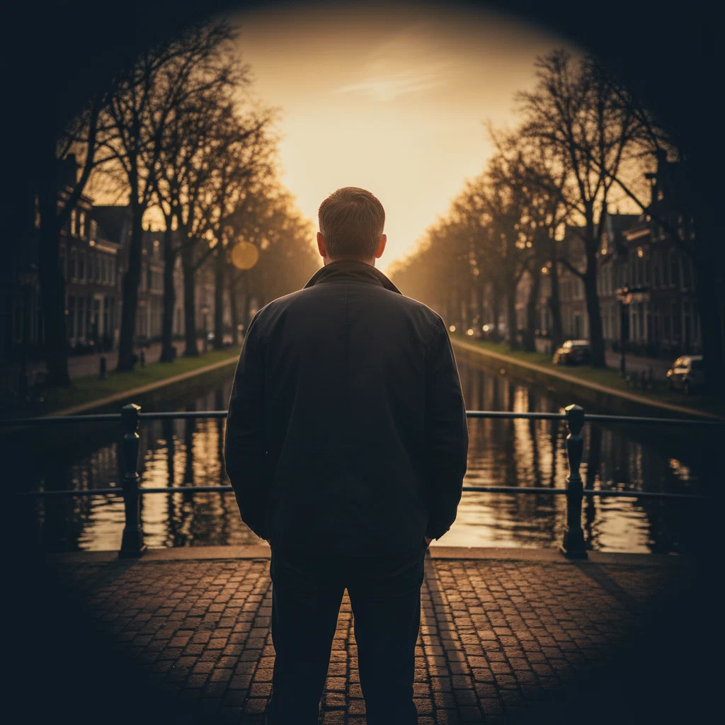 Anonieme man van achteren kijkend over een rustige Nederlandse gracht bij gouden uur - symbool voor actieve leefstijl na de 50